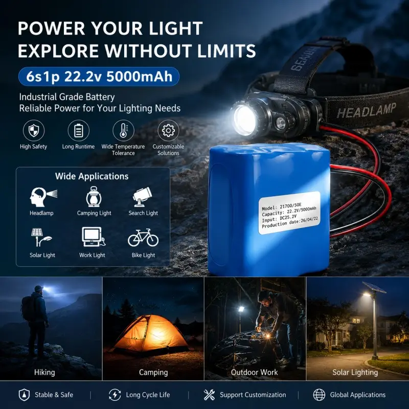 Solución personalizada de baterías 6S 22,2V 5000mAh para aplicaciones de faros exteriores