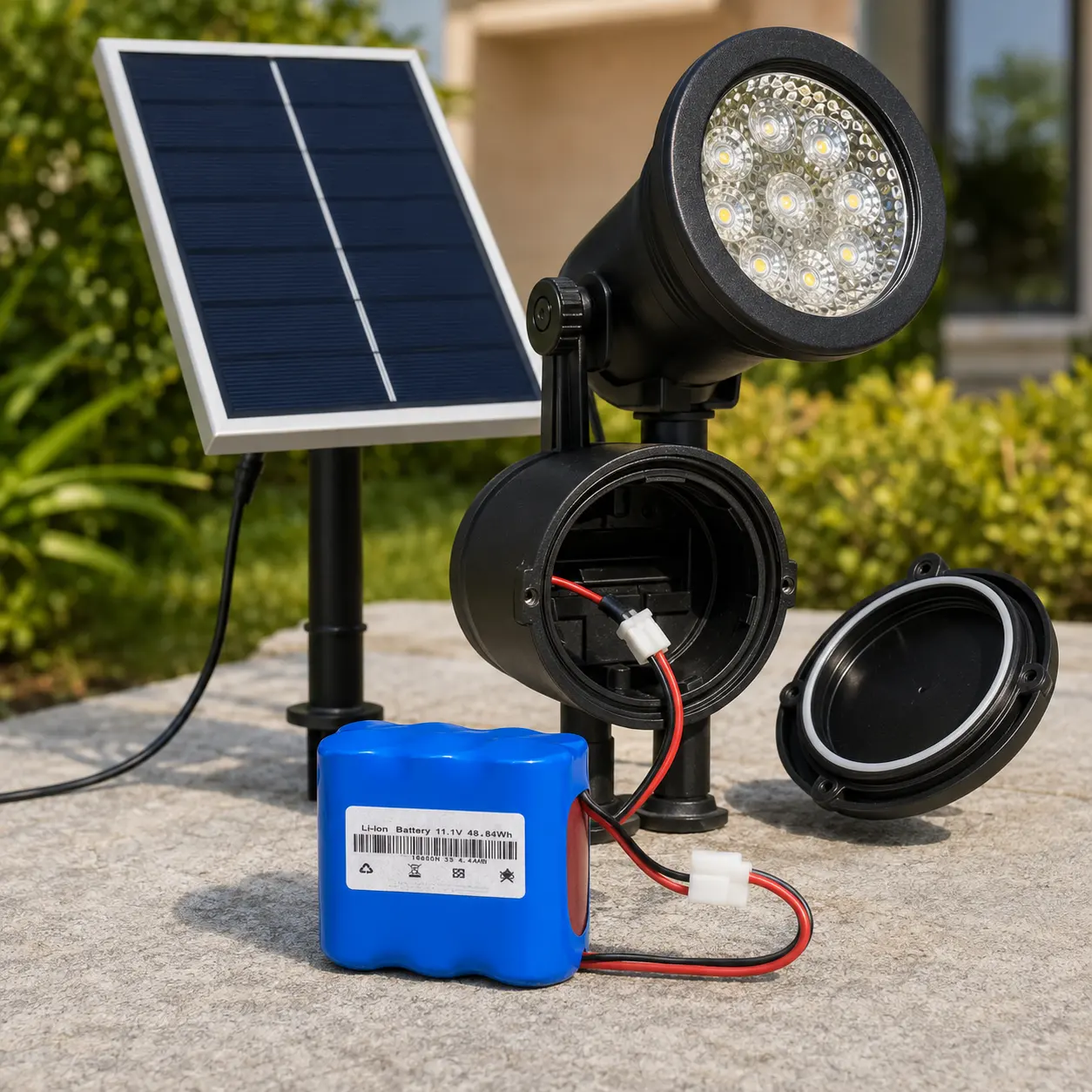 Paquete de baterías con foco solar con conector y conjunto de iluminación exterior