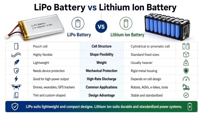 Comparación de baterías LiPo y baterías de ion de litio mostrando diferencias en estructura, peso, flexibilidad, protección, rendimiento de descarga y aplicaciones