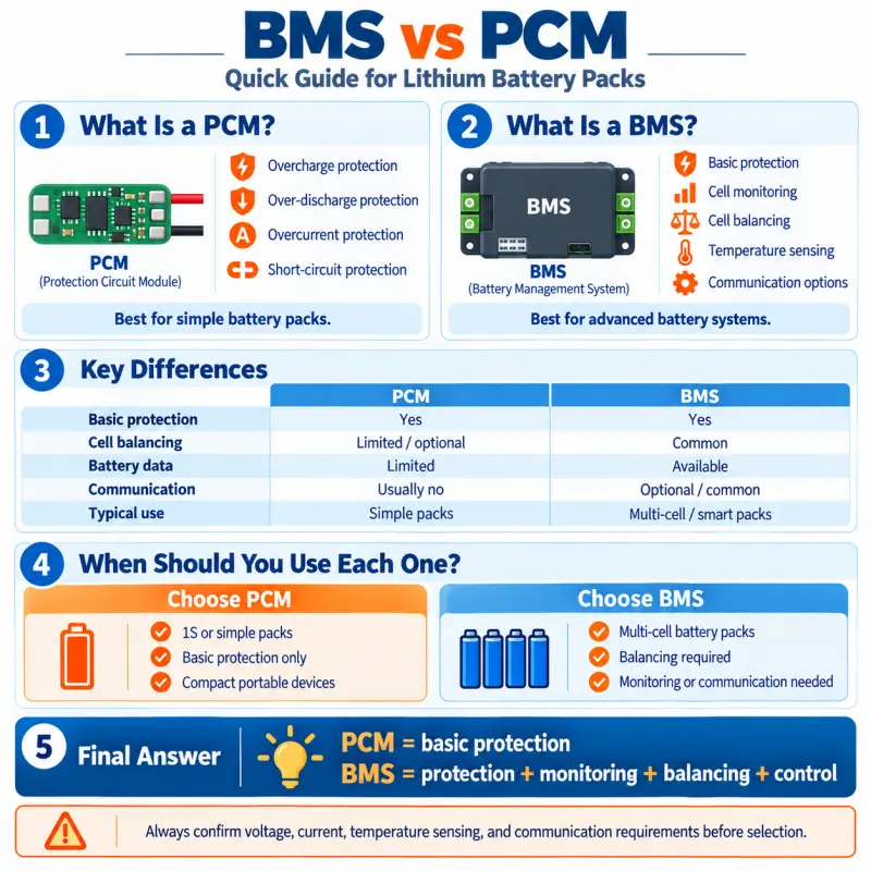 BMS vs PCM comparison for lithium battery packs, showing protection, monitoring, cell balancing, communication, and typical applications.